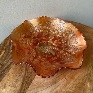 Vintage Fenton Iridescent Marigold Peacock and Urn Ruffled Sawtooth Edge Bowl